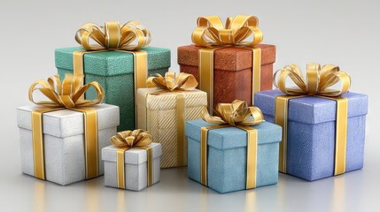 Obraz premium Vibrant assortment of small gift boxes in varied sizes and patterns arranged creatively for a festive presentation with ribbons bows and copy space for holiday birthday wedding and party designs