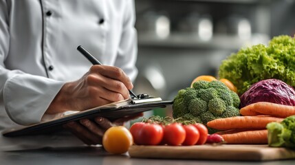 Professional chef writing detailed food order on a clipboard in a modern kitchen with fresh vegetables including broccoli carrots tomatoes lettuce and oranges for healthy meal preparation