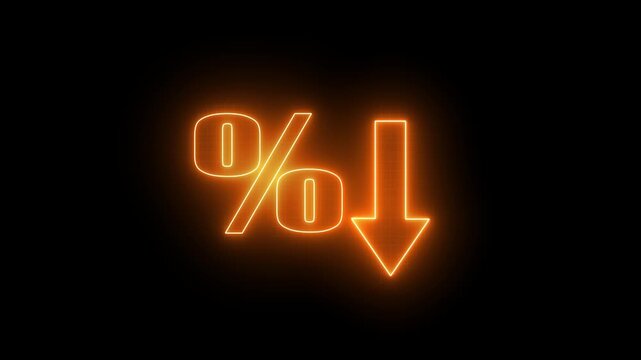 Neon orange down arrow motion, percentage fall indicator, digital economic downturn animation