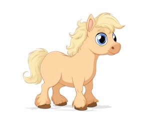 Naklejka premium Cute cartoon pony with fluffy mane and big blue eyes standing playfully on white background