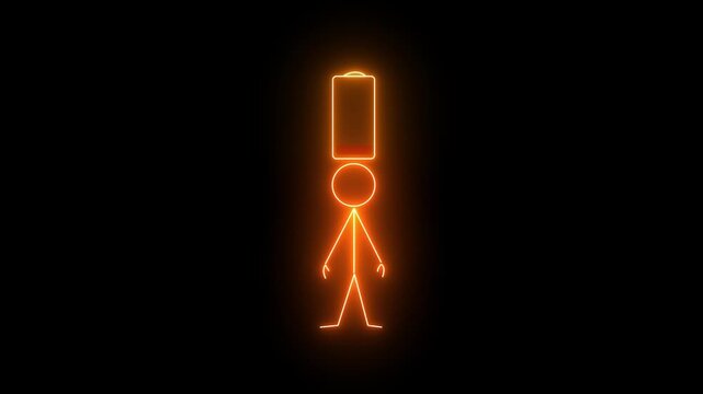 Neon orange warning man icon, alert exclamation character animation, glowing danger signal with low battery symble