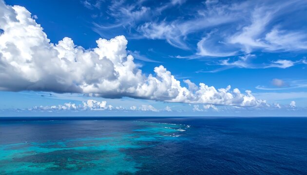 Vast ocean horizon with fluffy clouds in a bright blue sky - Powered by Adobe