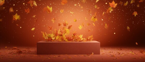Seasonal stage: warmth and balance with autumn inspirations. Advertising photo. Terracotta brilliance: podium surrounded by leaves and light. Epic poster. Poster design.