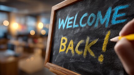 Warm welcome back message written in vibrant chalk on a blackboard, perfect for school or office reopening announcements, conveying excitement and renewed energy