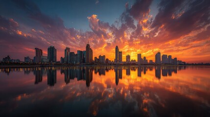 Fototapeta premium Stunning panoramic city skyline du vibrant sunset with colorful clouds and calm water reflecting skyscrapers and urban landscape at dusk