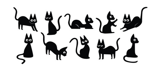 Playful Black Cat Silhouettes in Various Poses. Set of Black Cat Illustrations. Playful Cat Expressions