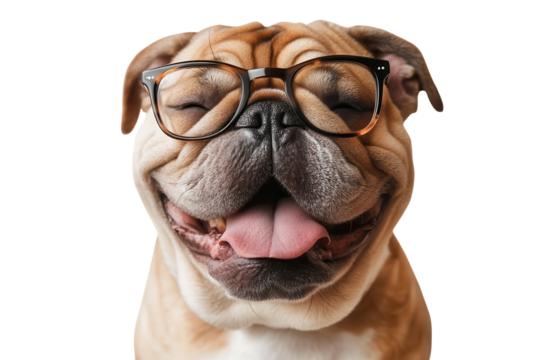 Happy English bulldog wearing glasses with a joyful expression at home during the afternoon, radiating warmth and cheerfulness