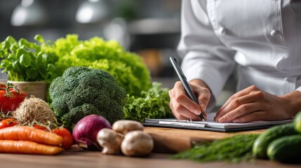 Professional chef writing nutritional notes on a notepad amidst fresh colorful vegetables including broccoli carrots lettuce onions and herbs in a modern kitchen setting for healthy cuisine