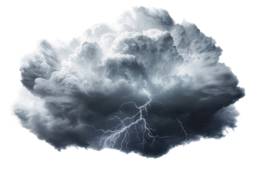 Dramatic thunderstorm cloud with vivid lightning illuminating the dark sky during an intense weather event over a serene landscape in early evening hours