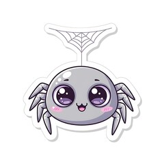 Cute kawaii spider hanging from a web cartoon sticker.