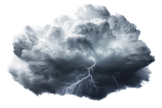 Dramatic thunderstorm cloud with vivid lightning illuminating the dark sky during an intense weather event over a serene landscape in early evening hours