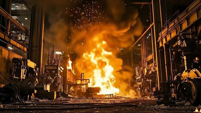 A dramatic explosion in an industrial setting, illuminated by fire and smoke.