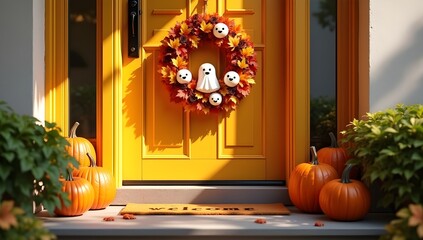 Obraz premium Halloween Wreath on a Colorful Door