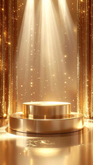金色ラグジュアリーステージ：光沢ある円形ポディウムと煌めく背景
