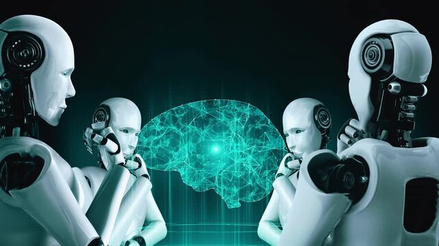 Thinking AI hominoid robot analyzing hologram screen showing concept of AI brain and artificial intelligence thinking by machine learning process. 3D rendering.