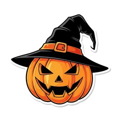 Spooky Halloween Pumpkin Wearing a Witch Hat Sticker Illustration.