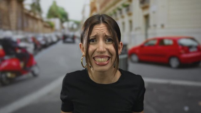 Woman lifts upturned palms in questioning gesture beside parked cars on urban street with furrowed brow and open mouth; confusion.