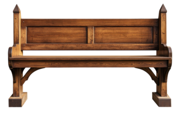 Wooden church pew stained and isolated on a white background, highlighting craftsmanship and design of traditional seating
