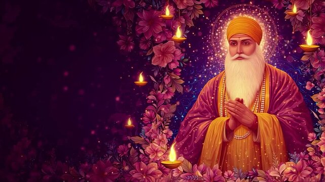 Guru Nanak Dev Portrait with Floral Background &mdash; cinematic stock footage with rich atmosphere, dynamic lighting, and realistic motion. Ideal for mythology, documentaries, reels, and cinematic projects
