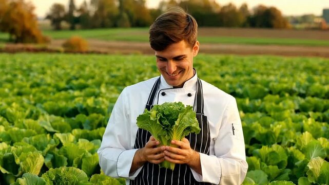 Smiling chef holds fresh lettuce in a vibrant field of crops promoting farmtotable dining and sustainable agriculture with a focus on healthy eating and local produce