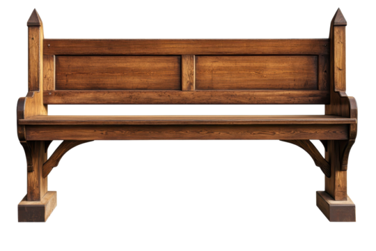 Wooden church pew stained and isolated on a white background, highlighting craftsmanship and design of traditional seating