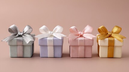 Obraz premium Four pastel gift boxes with matching ribbon bows arranged in a neat row on a soft pink background minimal festive packaging mockup with copy space for birthday wedding baby shower and holiday designs