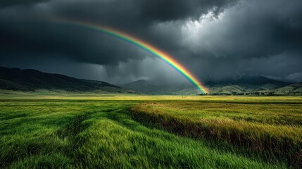 Naklejka premium Vibrant Rainbow Arching Over Lush Green Fields Under Dramatic Dark Clouds in a Scenic Rural Landscape Du Stormy Weather Scene