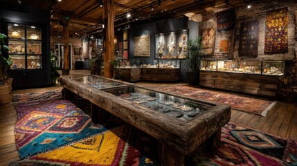 Interior of an Interior Design Showroom Showcasing Various Classic and Modern Carpets, Rugs, and Wall Hangings with Warm Lighting and Vintage Decor