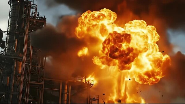 A dramatic explosion at an industrial site with intense flames and smoke.