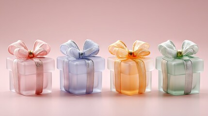 Obraz premium Four small translucent pastel gift boxes with ribbon bows arranged in a row on a pink background minimal festive present set for greeting cards web banners product mockups and soft holiday marketing