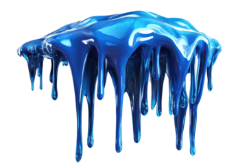 Dripping cerulean blue paint splash frozen in midair showcasing fluid dynamics and vibrant color against a white background