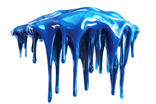 Dripping cerulean blue paint splash frozen in midair showcasing fluid dynamics and vibrant color against a white background