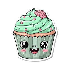 Cute Zombie Cupcake Cartoon Illustration with Brain Topping.