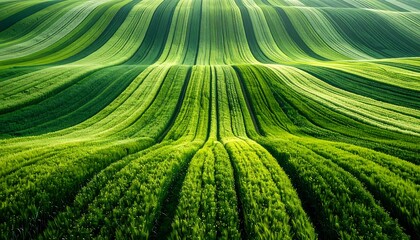 Rolling green fields with linear rows of varying light and shadow