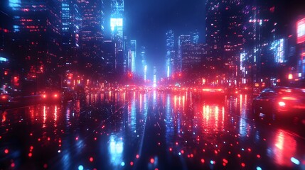 Obraz premium Futuristic cityscape at night featuring wet streets reflecting red and blue skyscraper lights. A bustling urban environment with a calm, surreal atmosphere. Abstract Background Trend.
