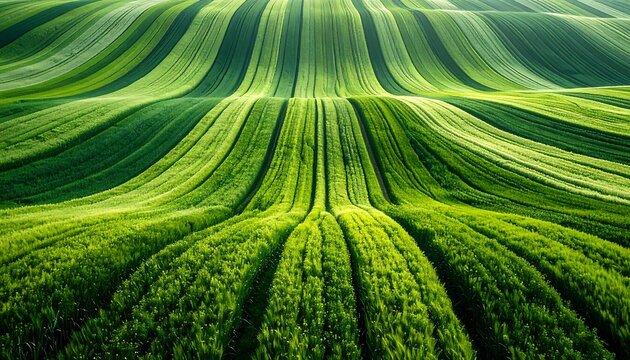 Rolling green fields with linear rows of varying light and shadow