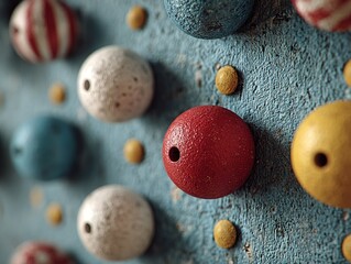Blue wall with colorful pins, white pin heads, and yellow dots, red one in middle