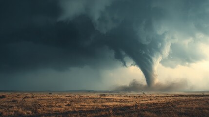 Dramatic tornado swirling over open grassy field with dark storm clouds and intense weather activity in a rural landscape du a severe weather event