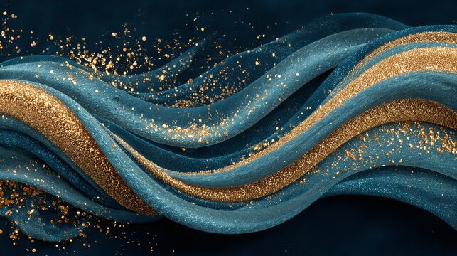 Shimmering waves of luxurious teal fabric flow with dazzling gold glitter creating an elegant, celebratory background perfect for festive events or premium branding. - Powered by Adobe