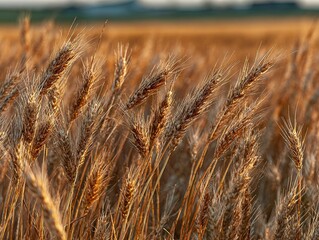 Close-up of golden wheat stalks in foreground, expansive field of tall yellowish-brown grasses under soft sunlight, shot with EOS R5 camera and f/2 lens