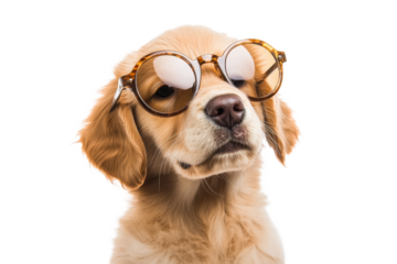 Golden retriever puppy wears oversized glasses, looking adorable and curious with a playful expression in a bright setting