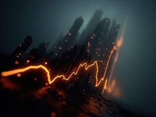 Graph with upward trend, city silhouette background, orange glowing lines on dark gray background, low-angle shot, high-detail cinematic lighting, dark fantasy atmosphere