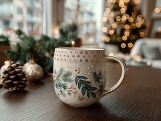 White mug with Christmas theme on table, surrounded by greenery and decorations, soft focus lights and garlands, festive atmosphere