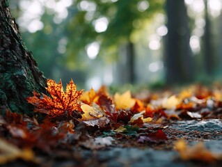 Close-up of autumn leaves on forest floor, blurred background of green trees, abstract nature background with copy space, brown and orange maple leaves under tree trunk, nature concept stock shot