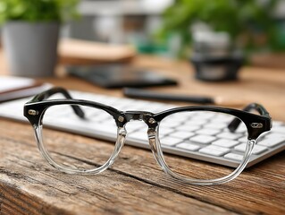 Black-framed glasses on white paper, with keyboard, computer, digital design elements on wooden desk, minimalist style for eye care advertising or vision health concept