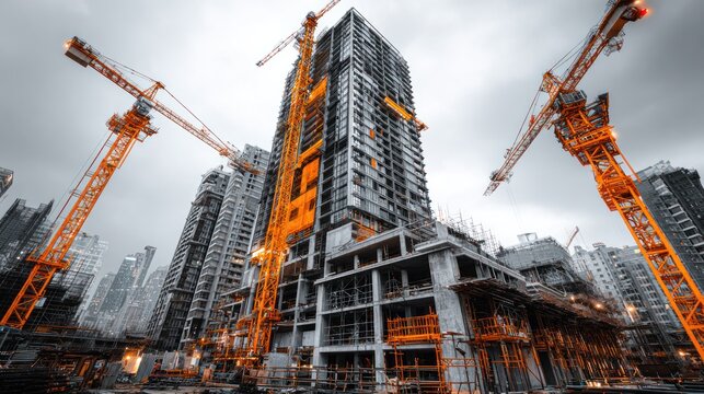 Modern high-rise building under construction with multiple orange cranes at dusk in an urban cityscape with overcast sky and surrounding skyscrapers - Powered by Adobe