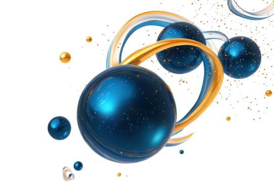 Vibrant multiverse concept featuring blue and gold spheres with swirling patterns and cosmic elements in an abstract design