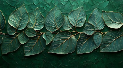 Fototapeta premium Stylized leaves with golden veining create an elegant, dense pattern against an emerald-green textured backdrop. Ideal for backgrounds or design elements. Abstract Background Trend