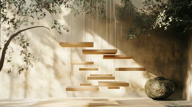 Floating wooden shelves in natural wabi sabi inspired setting