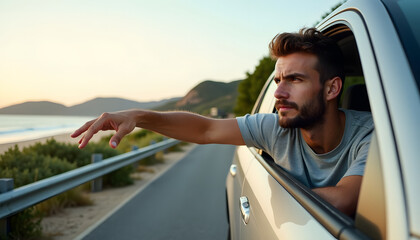 Man enjoying a road trip, leaning out of car window